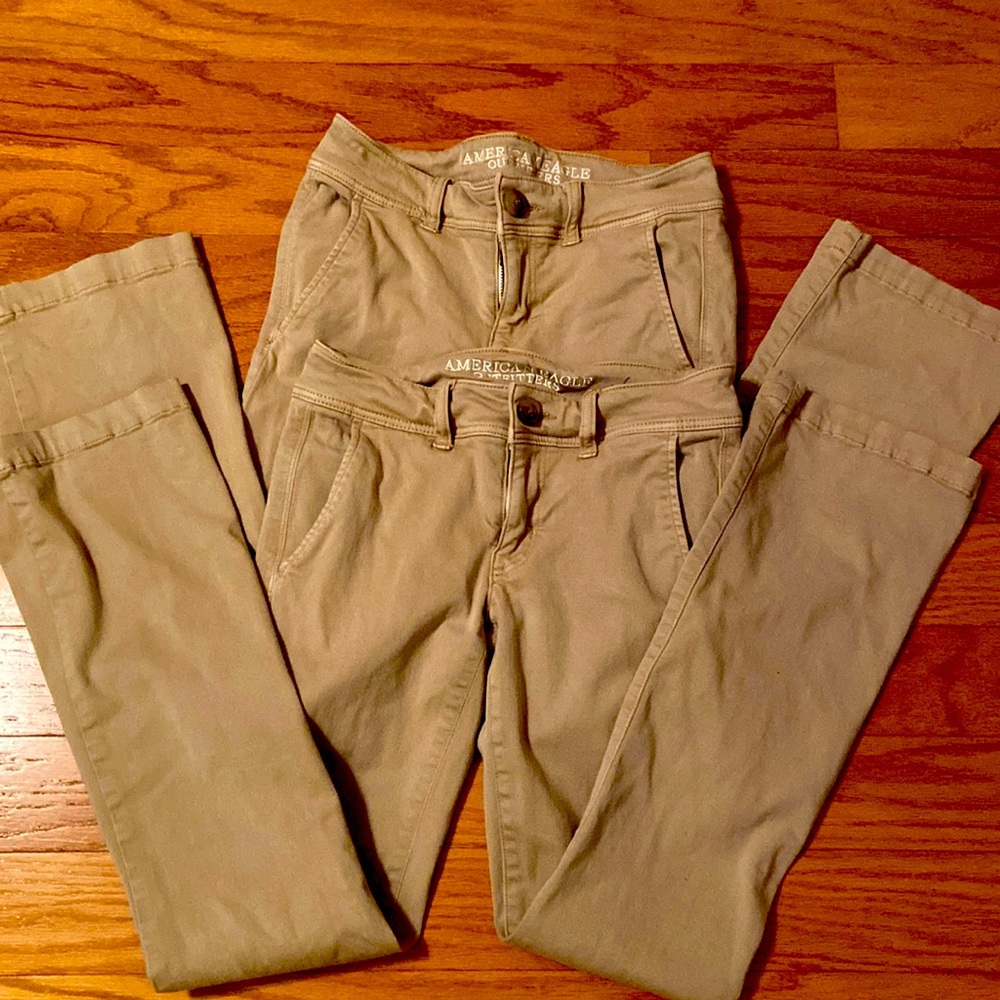 2 pair of American Eagle Super Stretch Kick Boot kacki pants